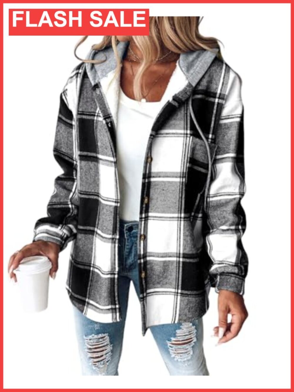 Plaid Hooded Fleece Lined Shacket Button-Down Casual Jacket
